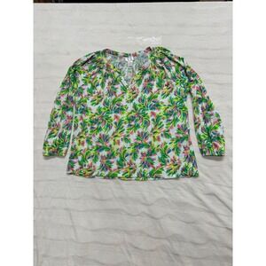 Stella Parker Collection Tropical Leaf 100% cotton Long Sleeve Blouse XXL